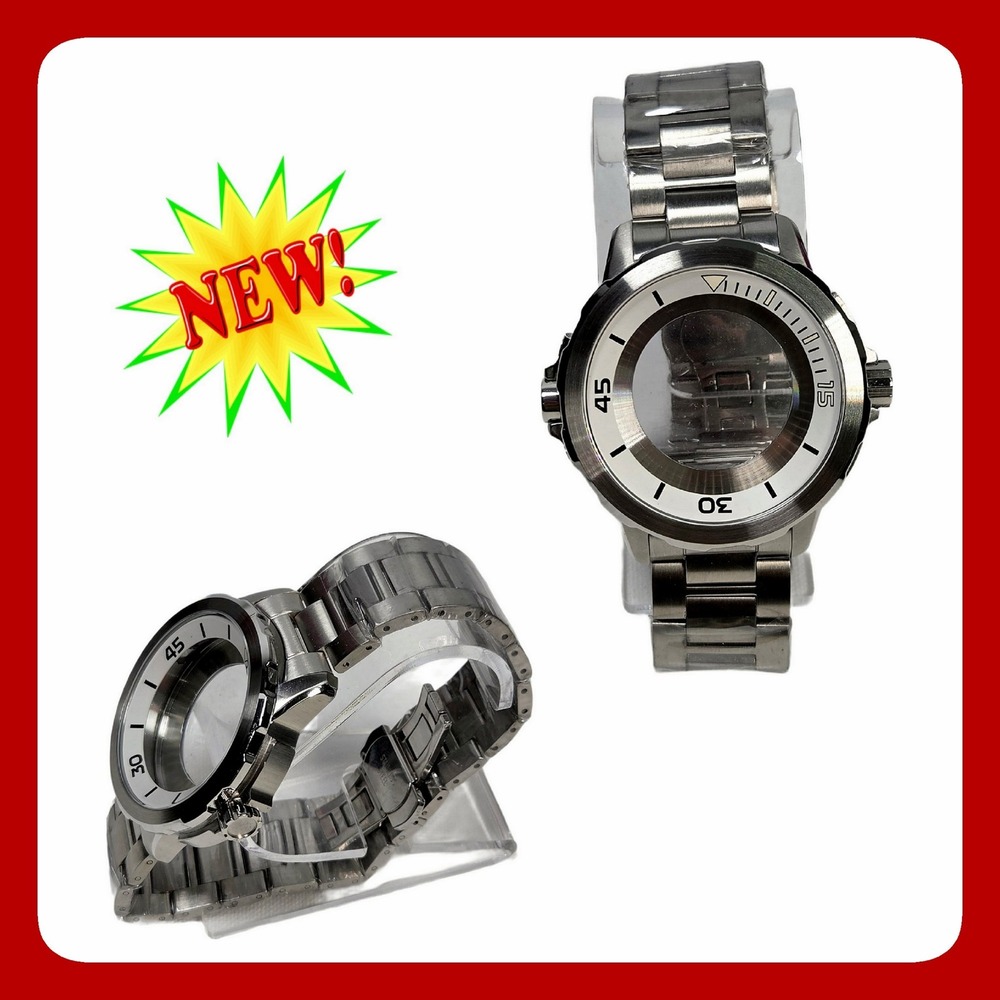 Stainless Steel Diver Watch Case 46.6mm Fixed Bezel Metal Bracelet New analog